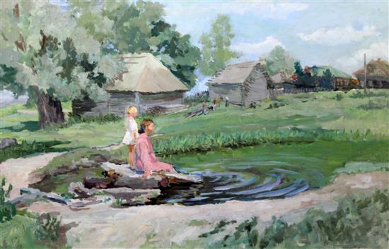 20th century Russian School At The Dacha 20.5 x 31.5in.